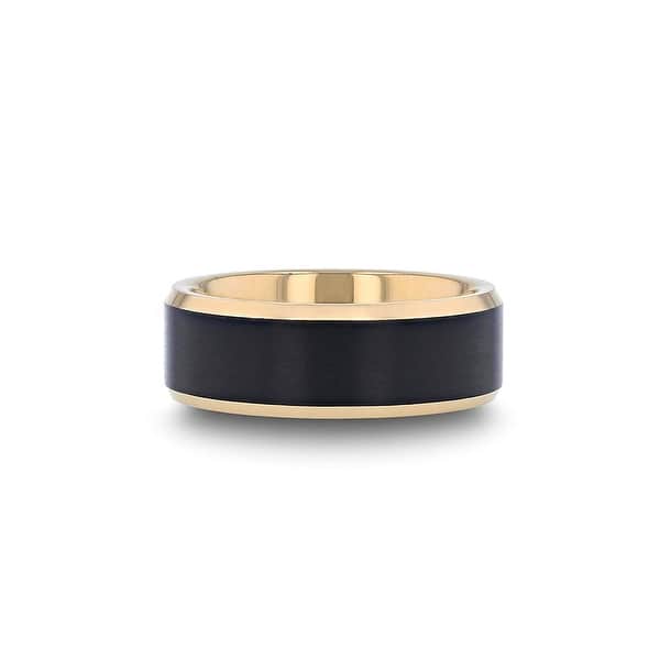 Gold Plated Tungsten Wedding Ring Band with Flat Black Matte Brushed Inlay 8mm Thorsten Gaston Tungsten Rings for Men Tungsten Comfort Fit Custom Engraving