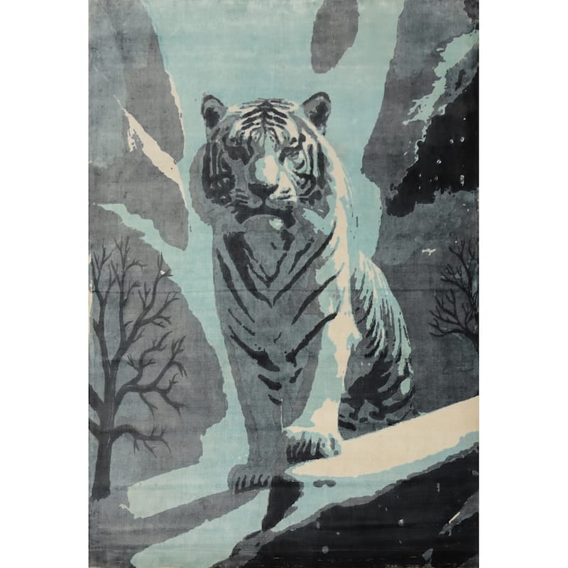 Hand Knotted Oriental Viscose Silk Carpet Modern Pictorial Navy Blue & Blues Abstract Area Rug - 7' 10'' X 5' 9''