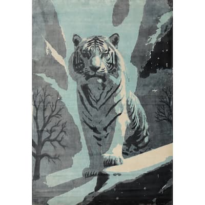 Hand Knotted Oriental Viscose Silk Carpet Modern Pictorial Navy Blue & Blues Abstract Area Rug - 7' 10'' X 5' 9''
