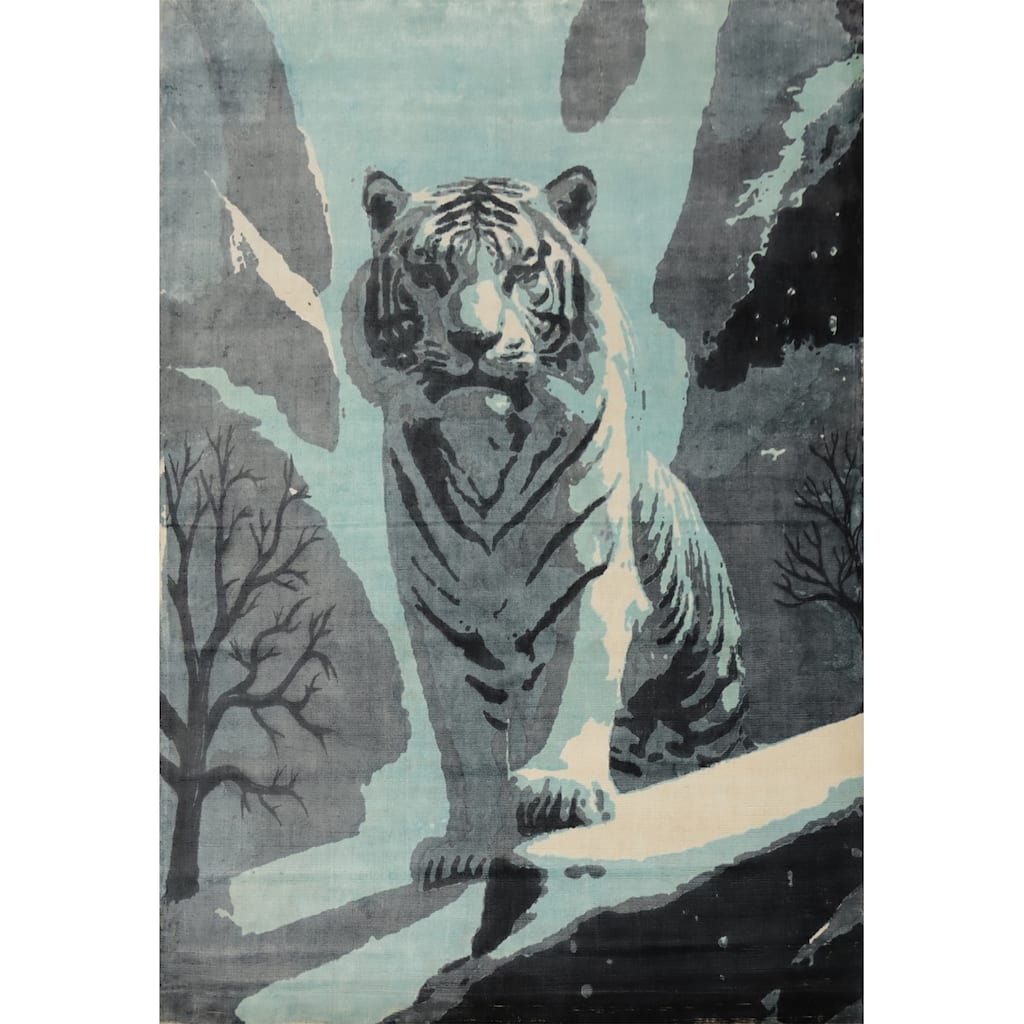 Hand Knotted Oriental Viscose Silk Carpet Modern Pictorial Navy Blue & Blues Abstract Area Rug - 7' 10'' X 5' 9''