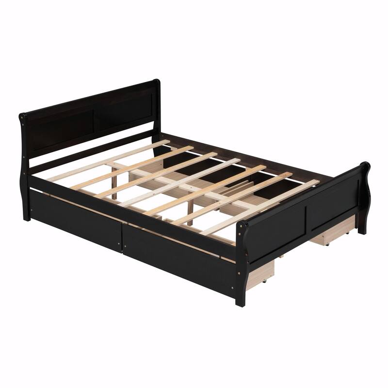 Wood Platform Bed with 4 Drawers and Streamlined Design