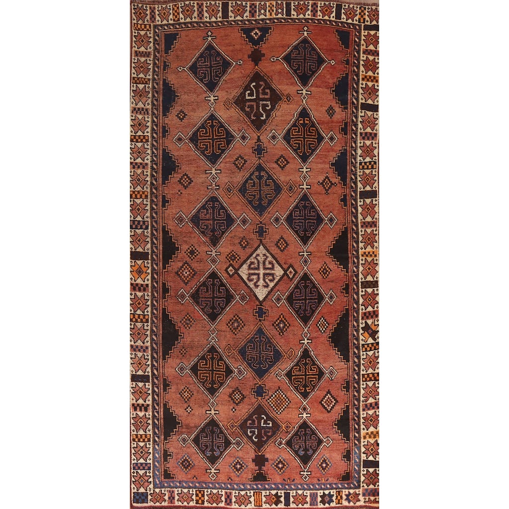 Hand Knotted Oriental 100% Wool Carpet Traditional Geometric Oranges & Rust Qashqai Area Rug - 9' 1'' X 4' 9''