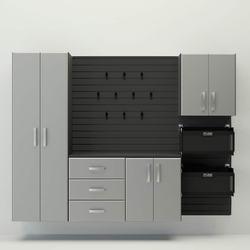 18 Piece Aluminum Outdoor Patio Complete Storage Cabinet - Black Slatwall / Silver Cabinets