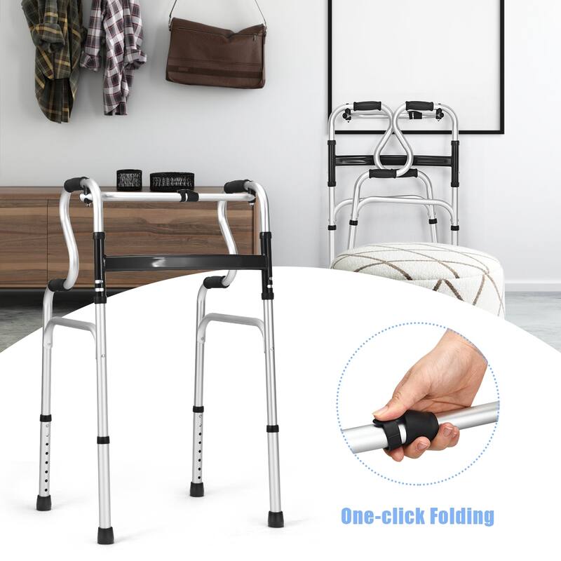 Costway One-button Folding Walker Aluminum Walking Frame w/ Adjustable - See Details
