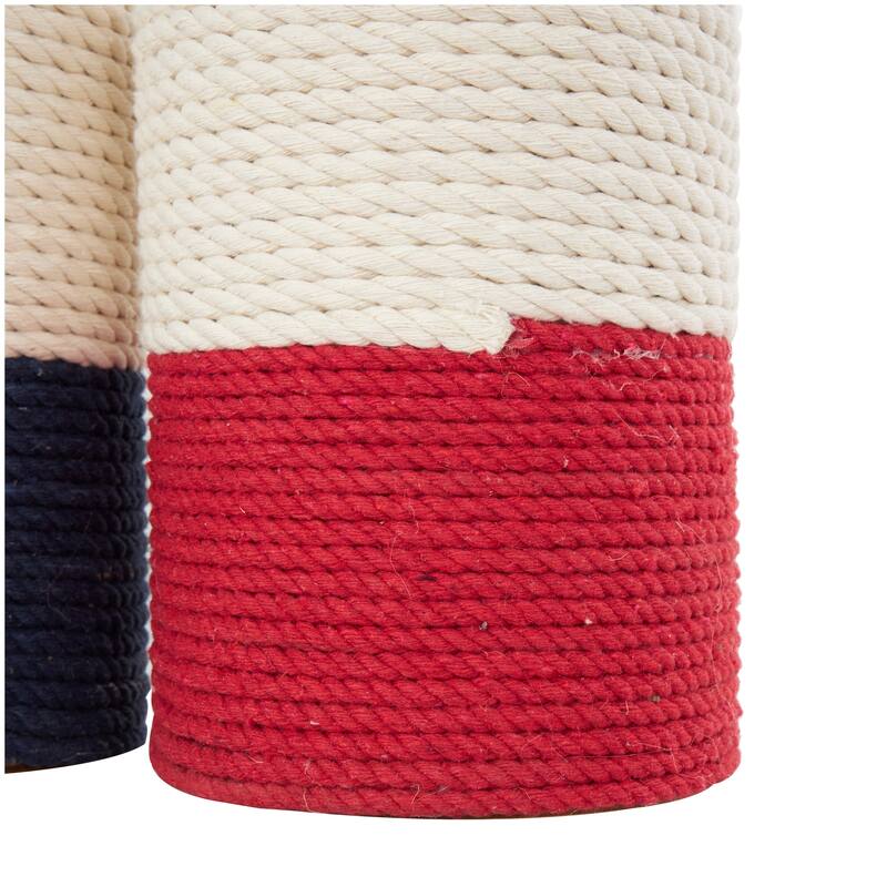 Cream Cotton Fabric Coiled Colorblock Buoy Sculpture with Red and Blue Bases (Set of 2)