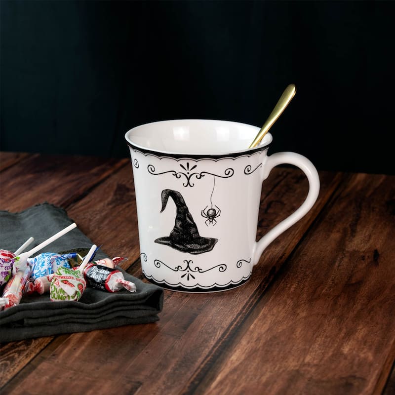 222 Fifth Elegant Haunting 4-Piece White Porcelain Halloween Mug Set - Witch Hat, Jack-o'-Lantern, Potion & Spider - 20.29 oz