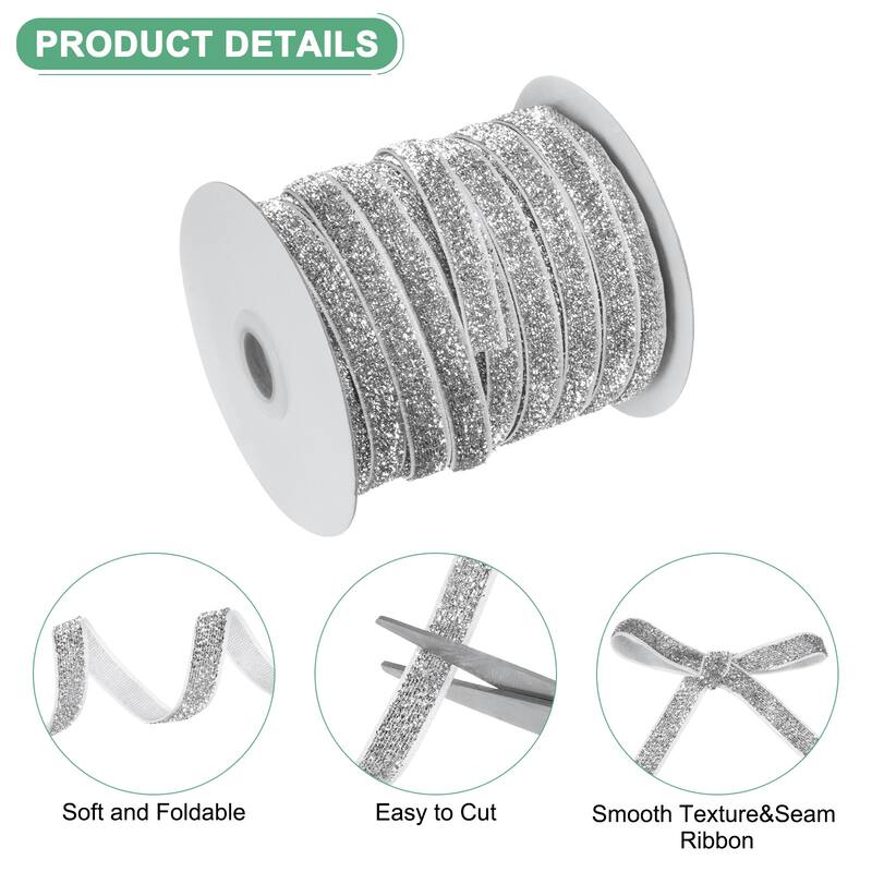 1 Pack Metallic Glitters Velvet Ribbon,3/8"x50 Yards for Gift - Silver