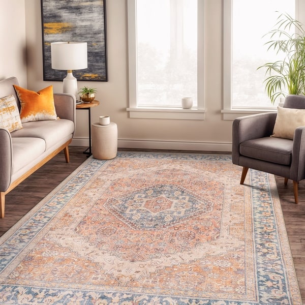 slide 2 of 104, Medallion Flat Pile Washable Rug – Pet Friendly, Non-Slip, Perfect for Entryway, Living Room, and Bedroom 5' x 7' - Rust