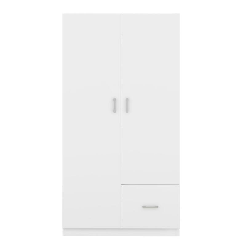 Wooden Floor Wardrobe with Double Doors, Modern Armoire with 5 Fixed Shelves, Storage Drawer Built-in Hanging Rod for Bedroom