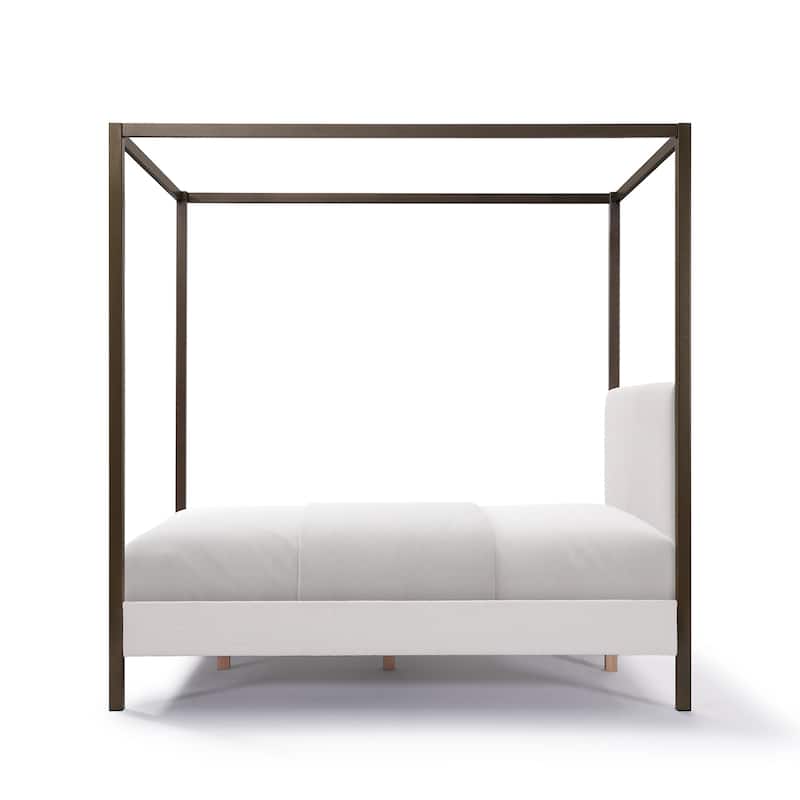 Boucle Upholstered Canopy Bed/ Metal Platform Bed Four-Poster Bed Frame