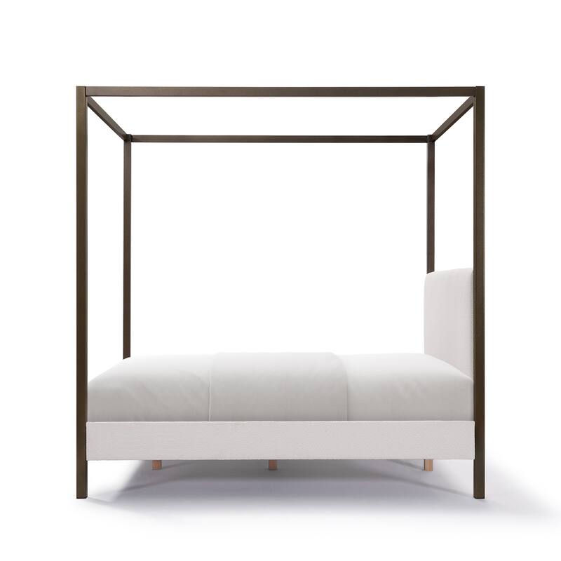 Metal Canopy Bed Frame with Upholstered Headboard & Copper 4 Poster/Wood Slats Support/No Box Spring Needed/Easy Assembly/White