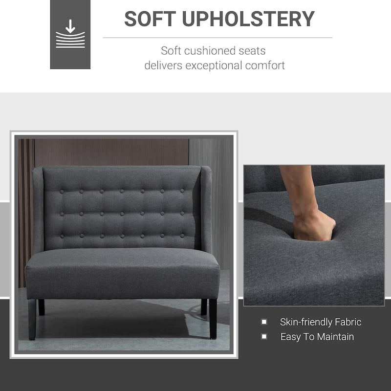 Grey Linen Upholstered Wingback Sofa with Rubberwood Frame and Button-Tufted Design for 2 Comfortable Seat