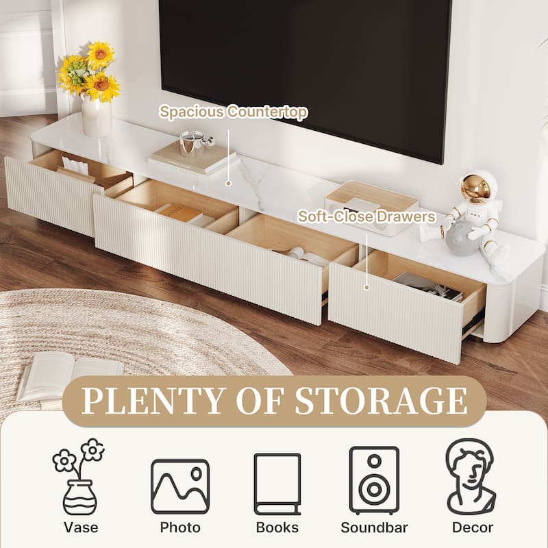 94.5-142" Modern TV Stands, White Glossy Sintered Stoe Table top Media Console with 4-6 Drawers for Option