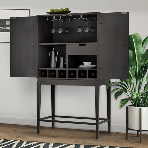 Wine Cabinet Solid Rubber Wood Rack Double Mirror Door Bar Cabinet ...