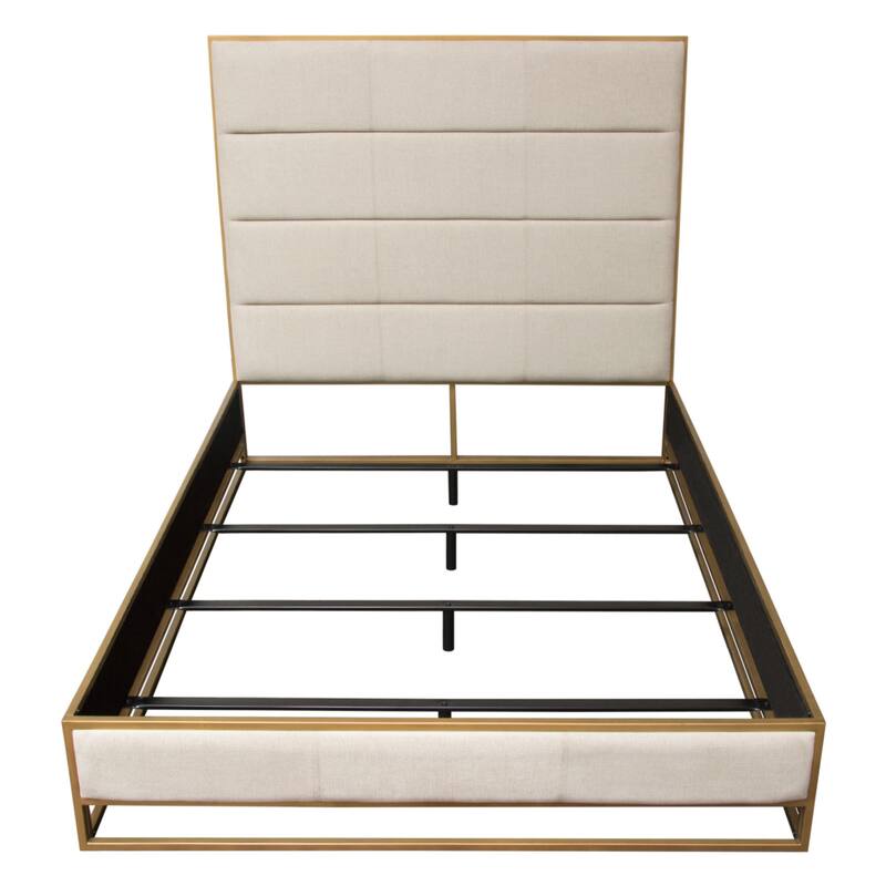 Chek King Size Bed w Channel Tufted Upholstery, Sand Brown, Gold Metal