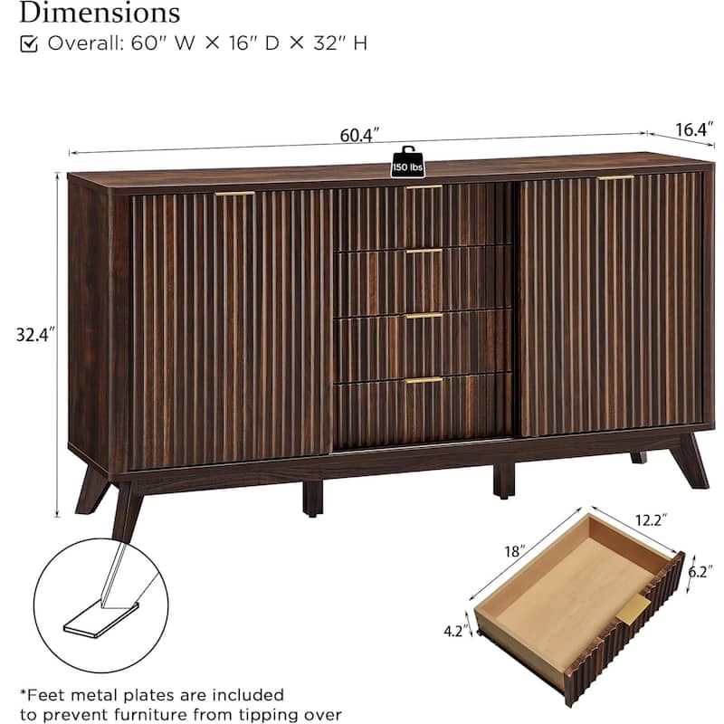 Modern fluted 2 Doors Dresser, 4 Wood Chest of Drawers for Living Room