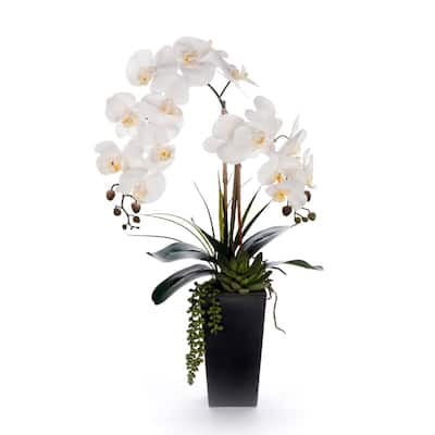 Real Touch White Orchid Flower Arrangement in Black Pot