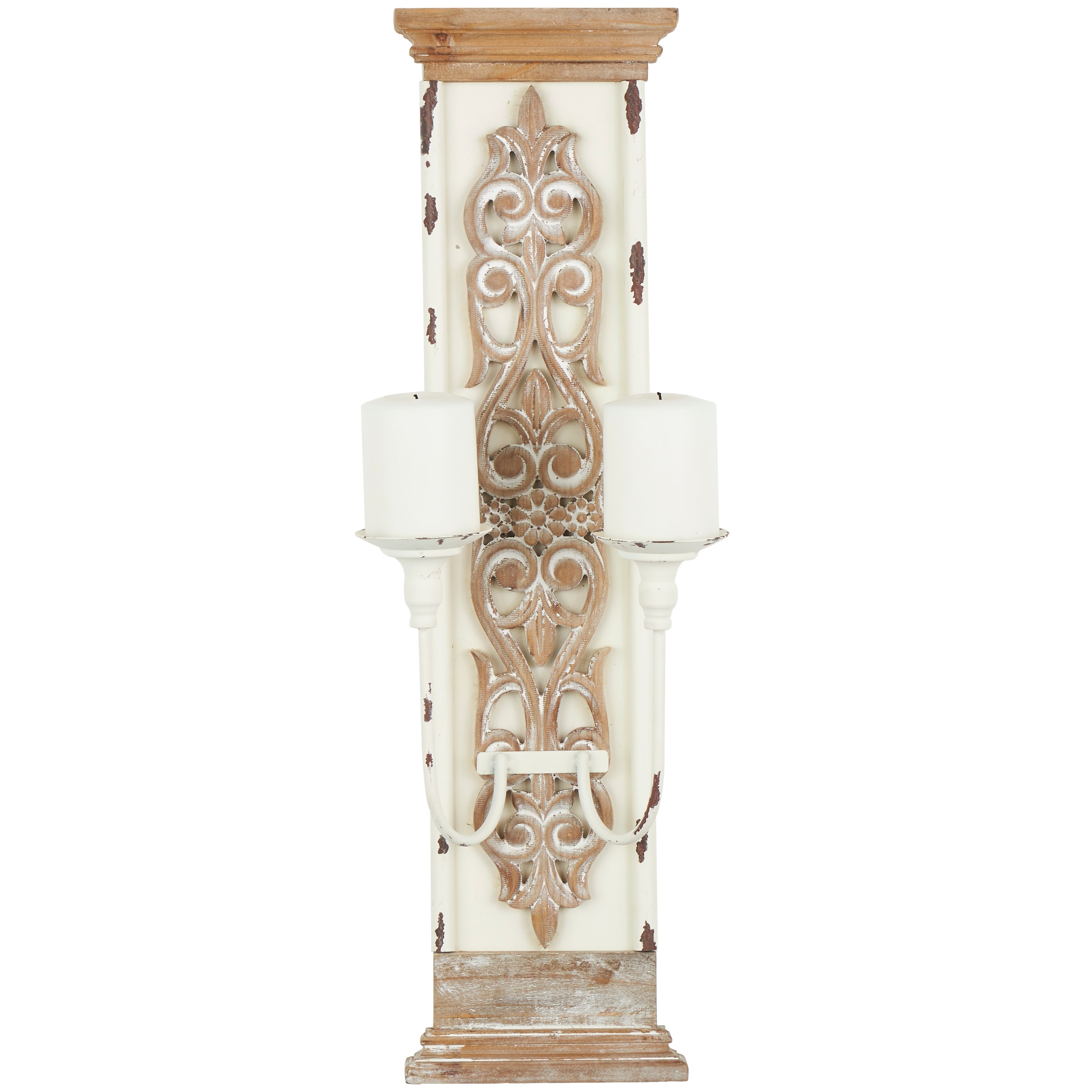 Wood Scroll Pillar 2 Plate Wall Sconce - Brown - Roche River Decor - 6"W x 10"L x 29"H