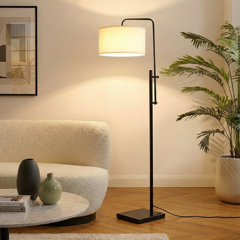 Brightech Leo 72 in. Classic Black Mid-Century Modern Height Adjustable LED Floor Lamp with White Fabric Drum Shade