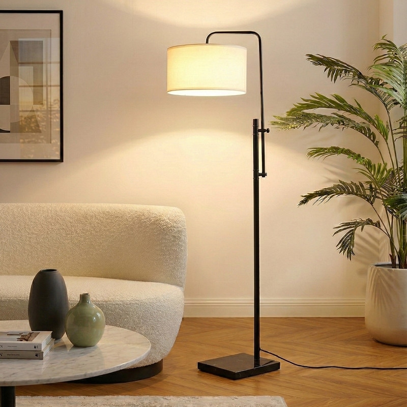 Brightech Leo 72 in. Classic Black Mid-Century Modern Height Adjustable LED Floor Lamp with White Fabric Drum Shade