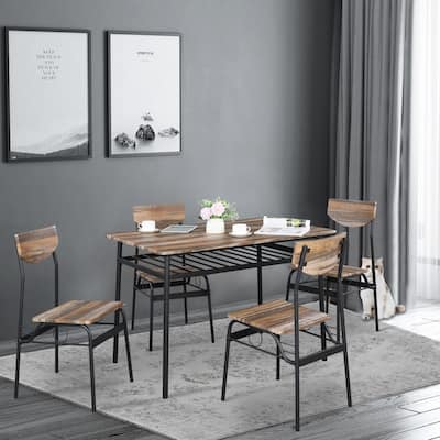 Rectangular Iron Compartment Dining Set with Table 4 Chairs Wood Color
