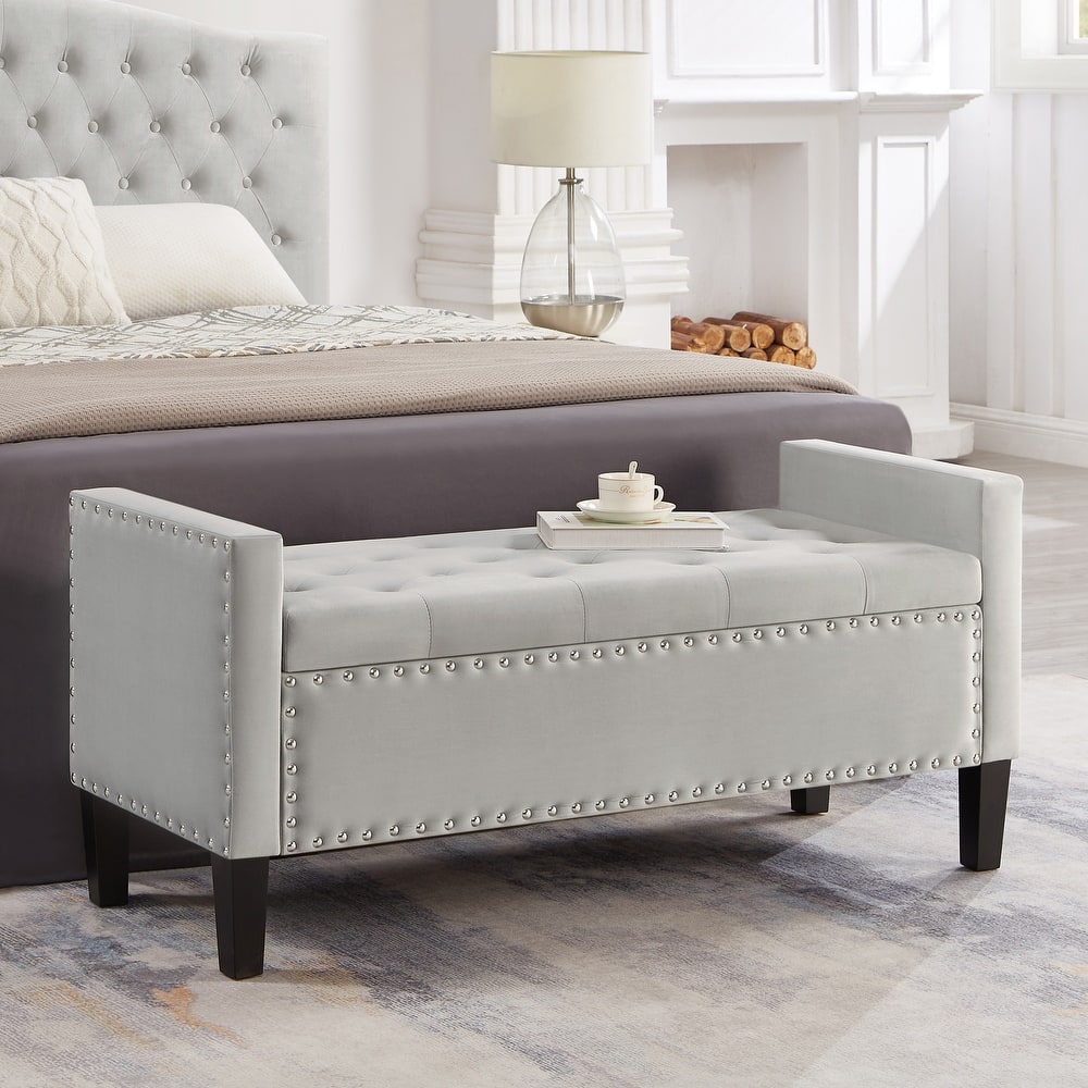 Velvet Storage Ottoman Bench with Armrests, Tufted Upholstered End of Bed Bench with Nailhead Trim for Bedroom, Entryway
