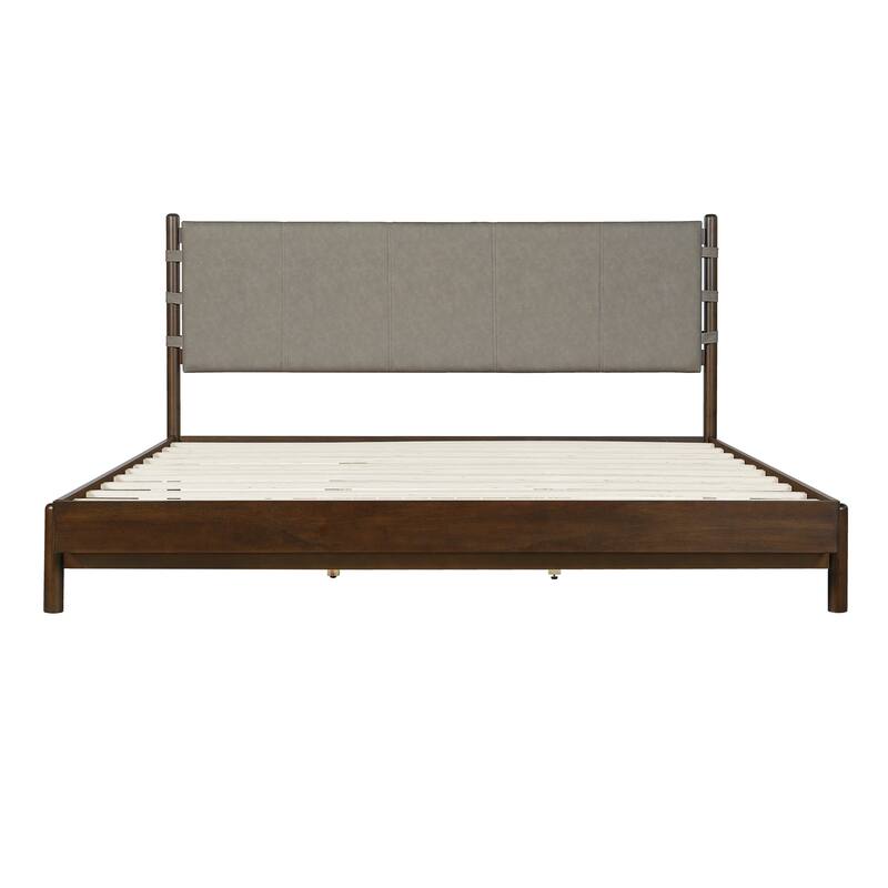 Premium Rubber Wood Platform Bed Frame, King Bed Frame with Headboard Included, Mid Century Modern Bed With Walnut+Light Grey