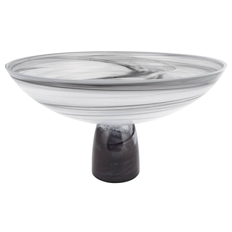 HomeRoots 10" Black and Gray Swirl Mouth Blown Glass Footed Centerpiece Bowl