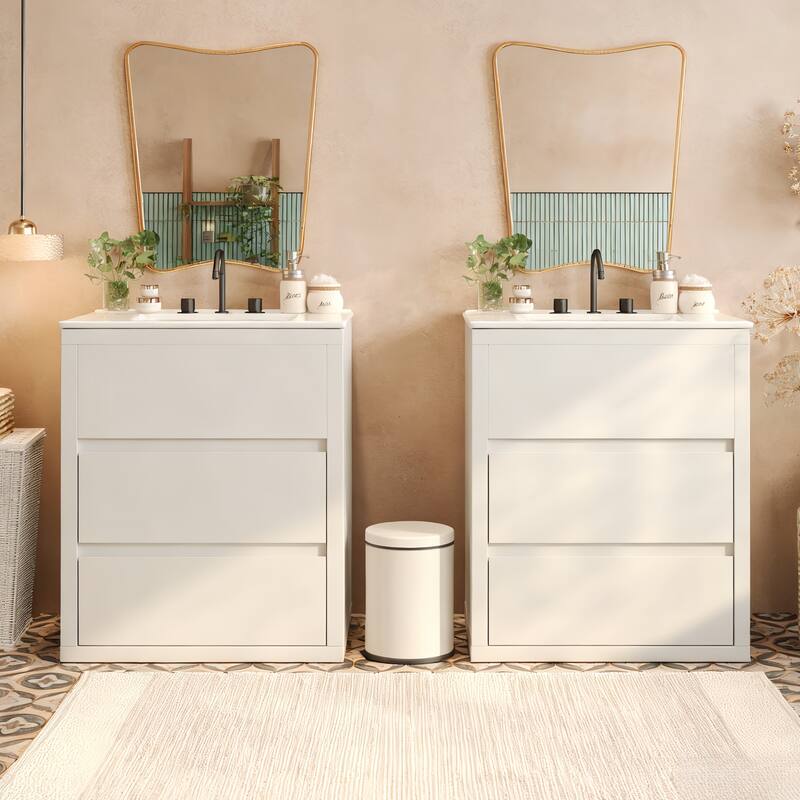 30"/60" Bathroom Vanity Set, Freestanding Bathroom Vanity Cabinet with Ceramic Sink Basin & Drawers