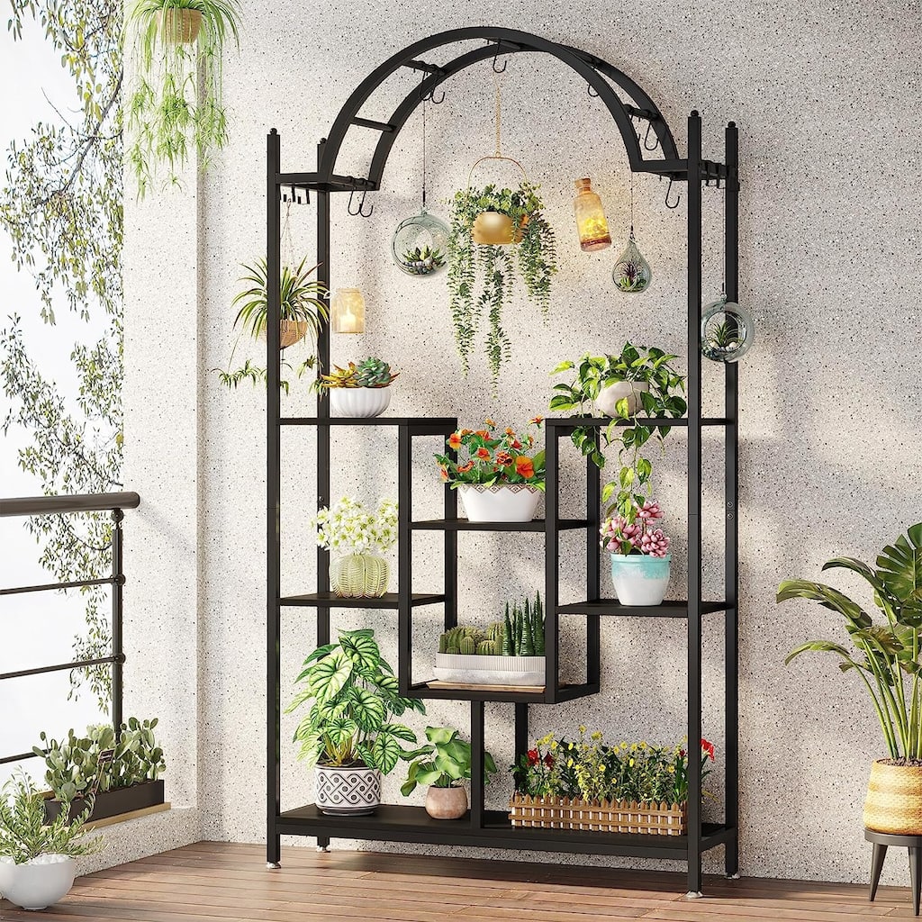 5-tier Indoor Plant Stand Metal Plant Shelf with Hanging Hooks