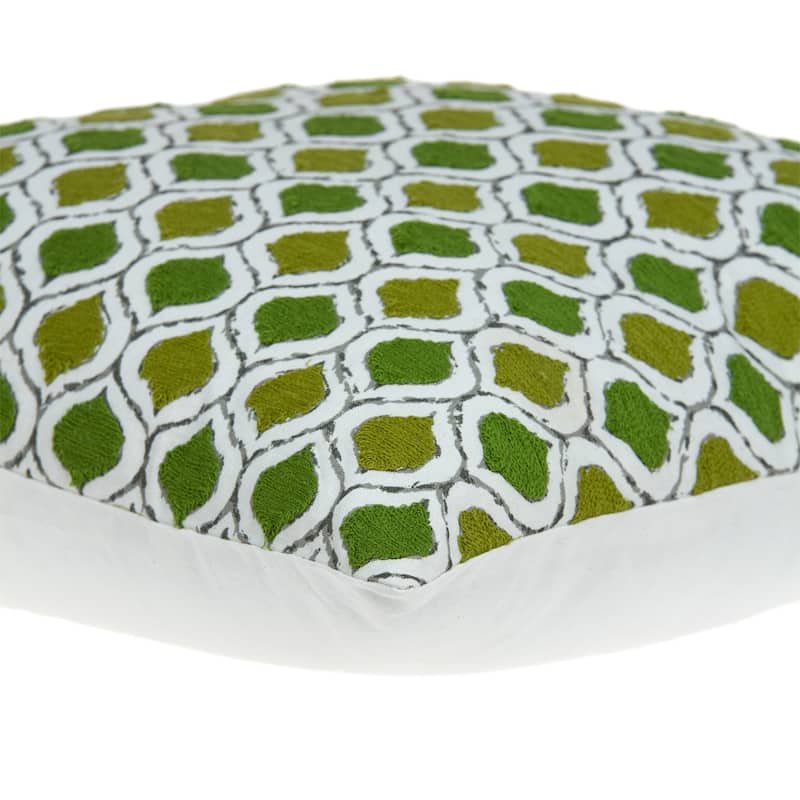 HomeRoots 20" Green and White Ogee Cotton Throw Pillow With Embroidery