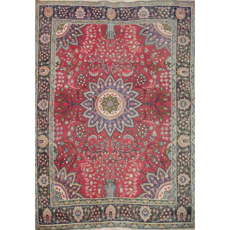 Hand Knotted Oriental 100% Wool Carpet Traditional Floral Pink Tabriz Area Rug - 5' 8'' X 4' 8''
