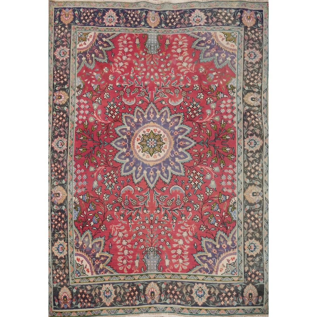 Hand Knotted Oriental 100% Wool Carpet Traditional Floral Pink Tabriz Area Rug - 5' 8'' X 4' 8''