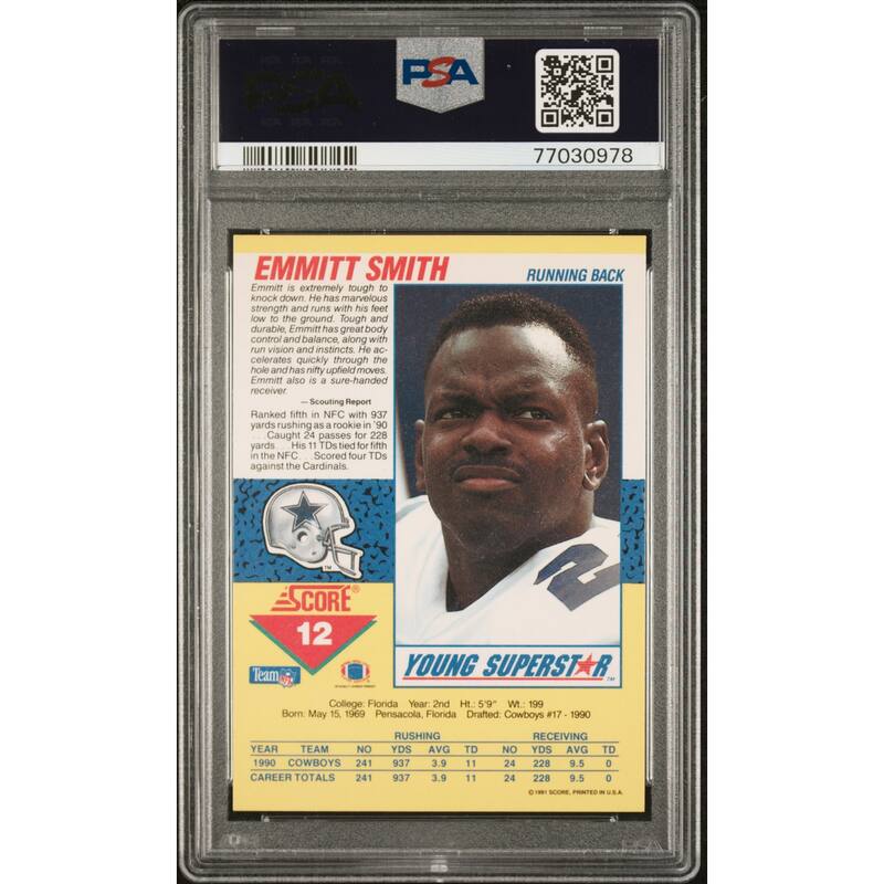 Emmitt Smith 1991 Score Young Superstars Football Card #12 Graded PSA 10 - 8'6" x 11'6"