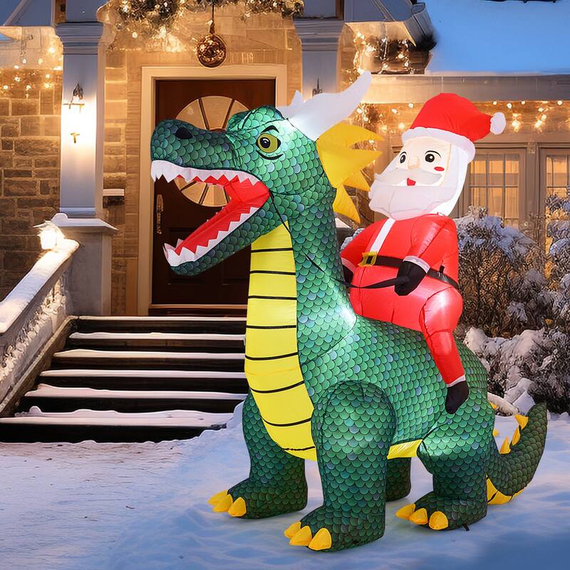 Gymax 6.7 FT Christmas Inflatable Santa Claus Ride on Dinosaur
