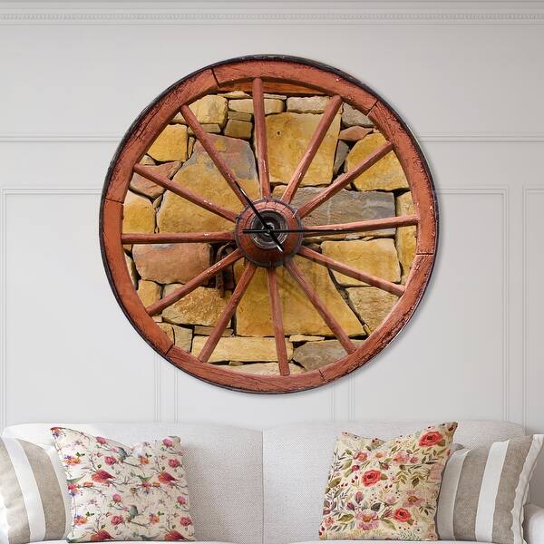 slide 2 of 10, Designart 'Old Wooden Country Wheel' Oversized Rustic Wall CLock 36 in. wide x 36 in. high