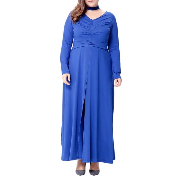 Women Solid V Neck Long Sleeve Velvet Party Evening Long Maxi Dress Plus Size