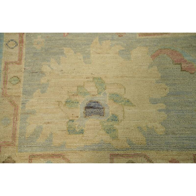 Vegetable Dye Blue Oushak Turkish Area Rug, Floral Geometric Carpet - 12' 0'' X 9' 3''