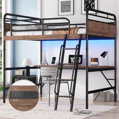 Full Loft Bed with MDF Desk, Modern Panels, Charging Port & Built-in Lighting