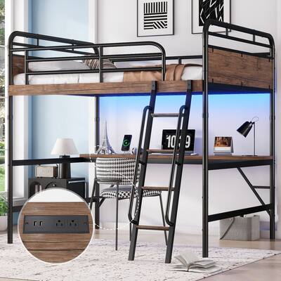 Full Metal Loft Bed with Built-In Desk - Features LED Lighting & USB Charging Station