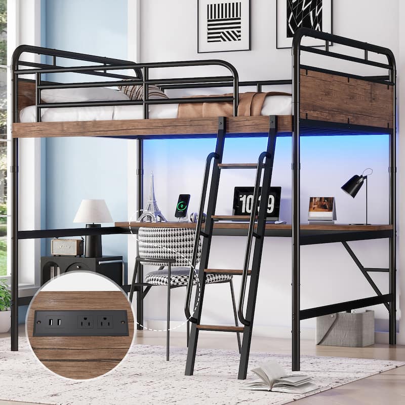 Full Size Metal Loft Bed with Desk, LED Light, and Charge Station, Black - Black
