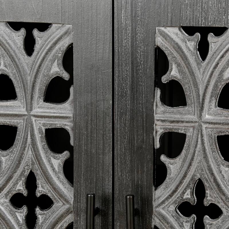 Hollowed-Out Floral 4 Doors Antique Cabinet, Freestanding Wooden Storage Cabinet, Accent Cabinet with Adjustable Shelf