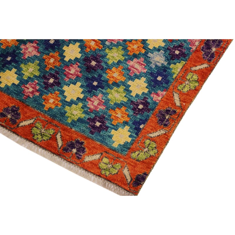 Tribal Balochi Friedman Teal/Orange Hand Knotted Wool Rug - 4'10'' x 6'11''