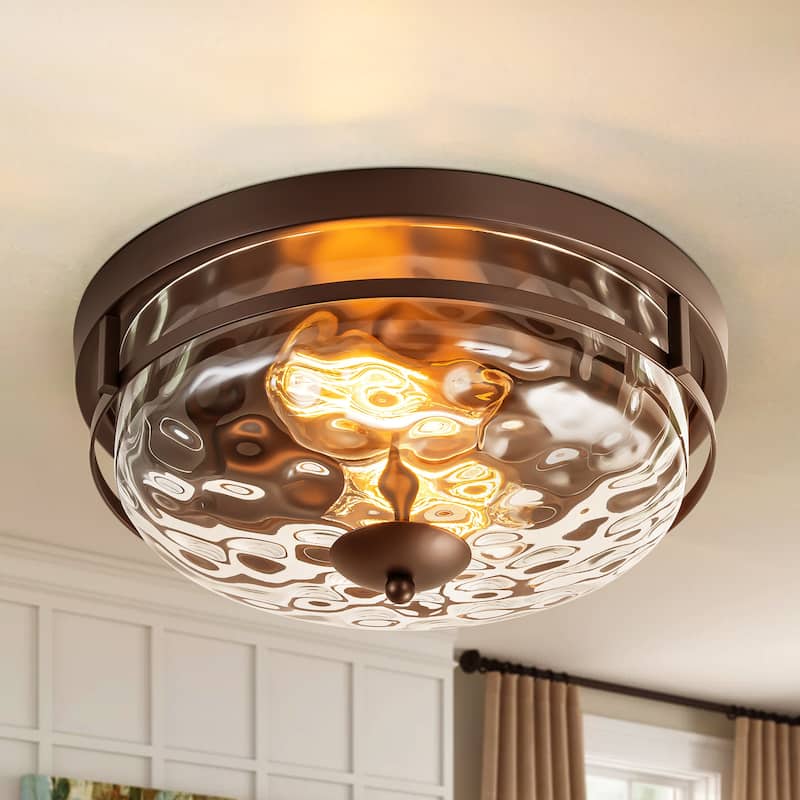 2-Light Modern Industrial ORB/Gold Ceiling Light Dome Cone Clear Water Rippled Glass Flush Mount Light - 12.9 in. W x 5.5 in. H - Oil Rubbed Bronze