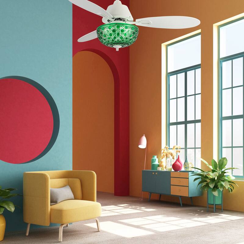 Izzy River of Goods 3-blade 42-inch Modern Indoor Ceiling Fan with Green Hand-Cut Glass Shade and Remote Control
