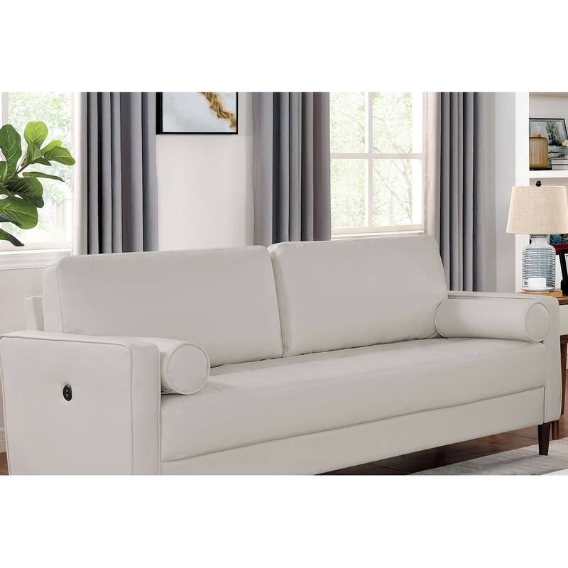 Contemporary Style Off-White 1Pc Sofa Leatherette Upholstered W Usb Bench Style Seating Bolster Pillows