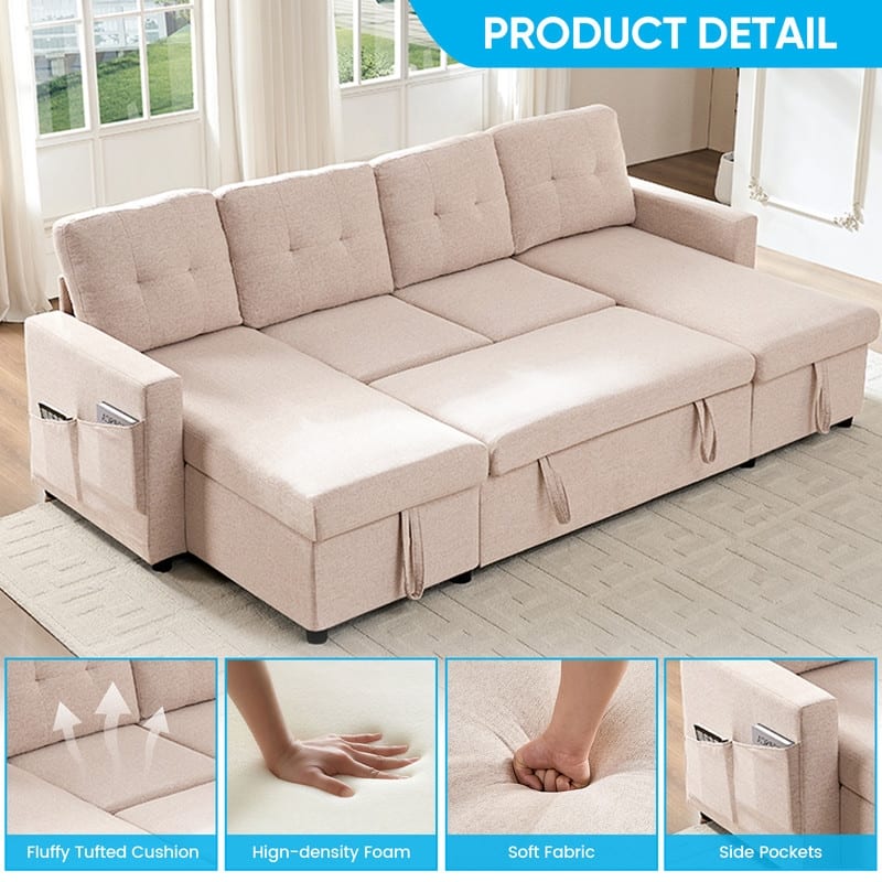 98"W 4-Seater Modular Sleeper Sofa Bed with Storage Chaise,U-shaped Sofa with Pull-out Bed