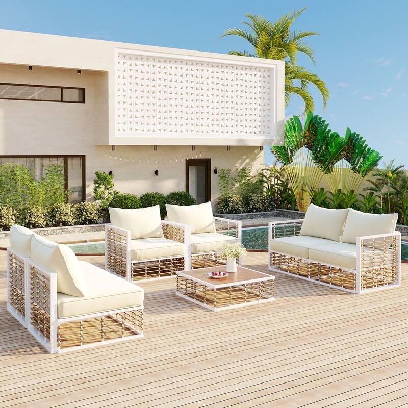 7 Piece Patio Furniture Set, All-Weather Conversation Furniture Set, Patio Sectional Sofa Set with Cushions and Coffee Table