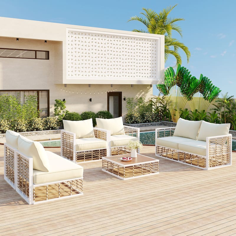 Metal Patio Sectional Sofa Set, 7-Piece All-Weather Garden Conversational Furniture Set with Thick Cushions & Coffee Table