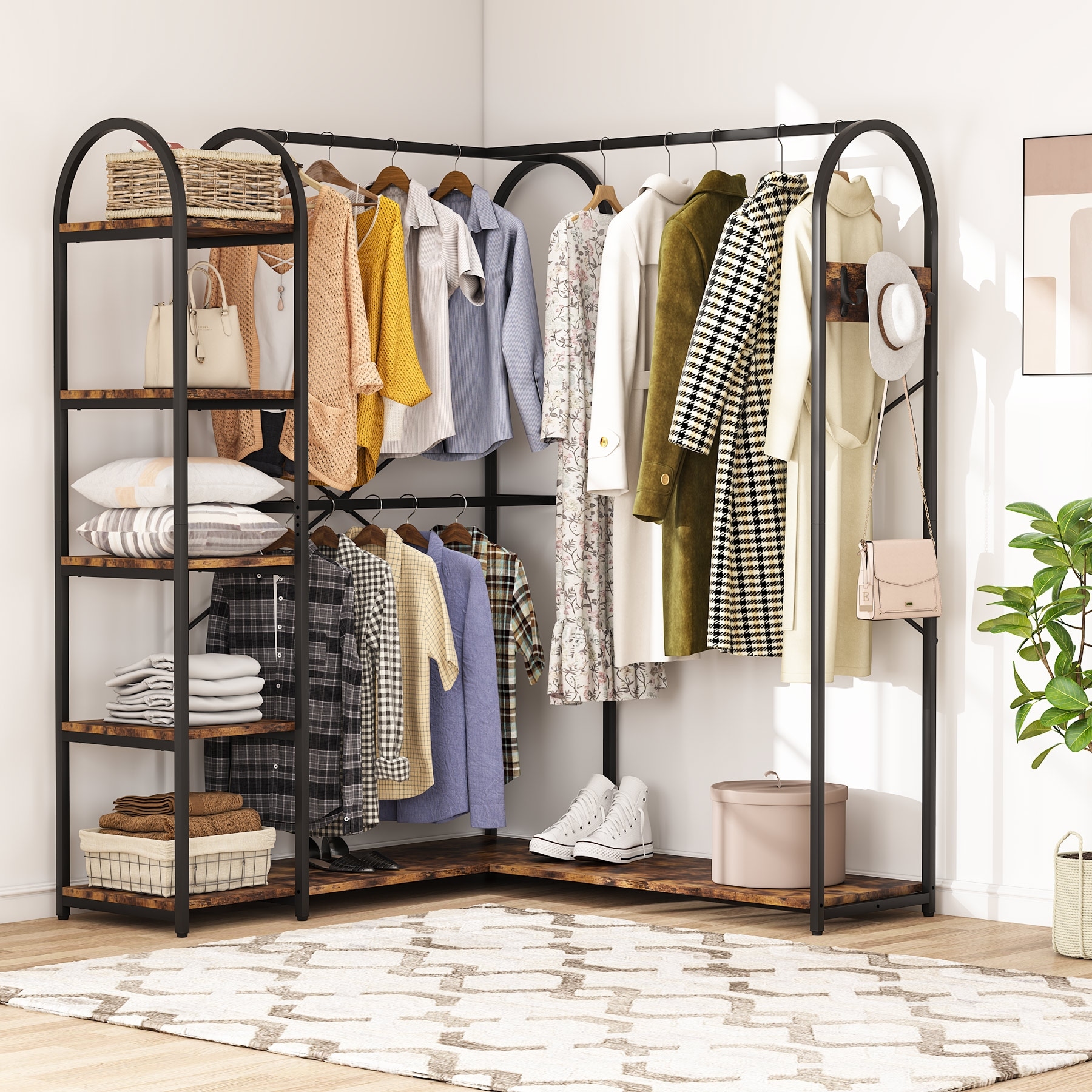 Heavy Duty L Shape Clothes Rack,Freestanding Corner Closet Organizer,Large Garment Rack with Storage Shelves and Hanging Rods - Rustic Brown+Black